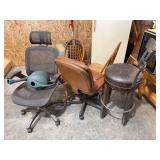 Assorted Seating Collection Featuring Office Chairs, Wooden Dining Chairs, and Bar Stool