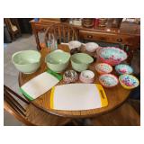 Assorted Kitchenware Collection including Mixing Bowls, Cookware, and Decor