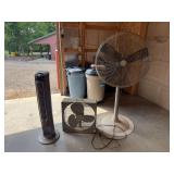 Assorted Electric Fans Including Lasko Tower Fan, AMC Box Fan, and Maxx Air Pedestal Fan