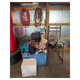 Assorted Garage and Workshop Lot Featuring Wooden Rocking Chair, Electric Grill, Hand Tools, and Storage Bins