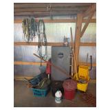 Assorted Garage and Workshop Equipment Lot Including Mop Bucket, Cords, and Games