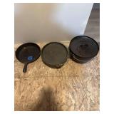 Cast Iron Cookware Set Including Skillet and Camp Ovens