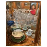 Assorted Glassware and Dinnerware Collection in Wooden Display Cabinet