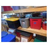 Lot of Storage Totes with Kitchenware and Household Supplies