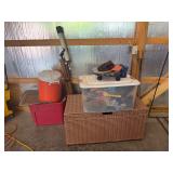 Miscellaneous Garage and Outdoor Equipment Lot including Telescope, Cooler, and Storage Chest