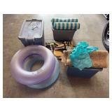 Lot of Miscellaneous Household Items, Storage Bins, Pool Floats, and Life Jackets