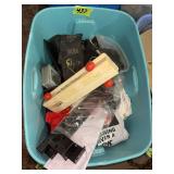Mixed Lot in Blue Storage Tub Including Fisher-Price Toy and Work Gloves