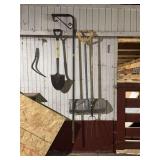 Assorted Lot of Farm Hand Tools Including Shovels, Snow Pusher, Pitchfork, and Sickle