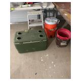 Lot of Outdoor Equipment including Coleman Cooler, Gatorade Dispenser, Step Stool, and Buckets