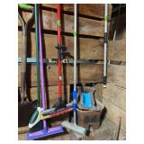 Assorted Cleaning Tools Lot including Brooms, Squeegees, and Mops