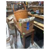 Lot of Household Items Including Wooden Table Fellowes Shredder Woven Basket and Cushions