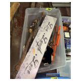 Storage Tote Containing Mixed Hand Tools, Decorative Sign, and Plush Toys