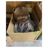 Box Lot of Kitchen Cookware and Serving Ware Including Stainless Steel Steamer Inserts and Casserole Dishes