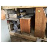 Furniture Assortment Including Roll-Top Desk, Small Table, Mirror, Baskets, and Books