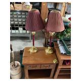 Pair of Brass and Burgundy Table Lamps with Pleated Shades