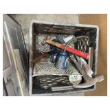 Assorted Hand Tools and Hardware in Plastic Crate
