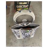 Lot of WindMachine Floor Fan and Patterned Utility Tote Bag with Contents