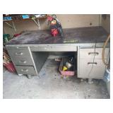 Metal Office Desk with Multiple Drawers and Miscellaneous Workshop Contents