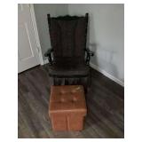 Black Painted Wood Rocking Chair with Floral Upholstery and Brown Storage Ottoman