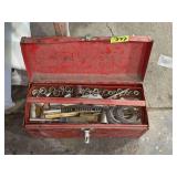 Red Metal Tool Box with Assorted Sockets and Hand Tools