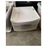 Assorted Household Grouping with Plastic Storage Unit, Ceramics, and Textiles
