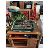 Oak Finish Media Console with Open Shelving and Cabinet Storage