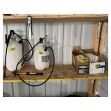 Assorted Lot of Lawn Sprayers, Hammer, and Trim Blocks