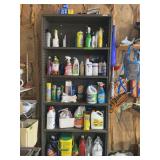 Assorted Household Cleaners and Automotive Fluids Lot on Metal Shelving Unit