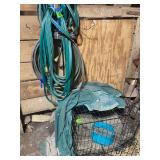 Assorted Garden Hoses and Wire Pet Crate with Bowl
