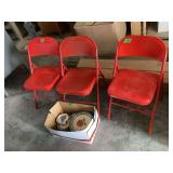 Lot of Three Red Metal Folding Chairs and Box of Apple Motif Tableware