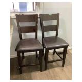 Set of Two Dark Wood Counter Height Bar Stools with Upholstered Seats