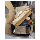 Box Lot of Assorted Decor, Plush Toys, and Baskets