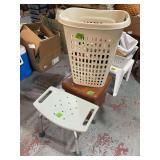 Lot of Household Storage Baskets, Shower Stool, and Miscellaneous Goods