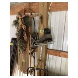 Wooden Sled with Holiday Decor and Leather Ice Skates Lot