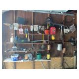 Assorted Garage Workshop Shelving Contents with Tools, Supplies, and Equipment