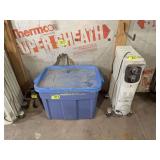 Shop Lot Including Jack Stand, Rubbermaid Storage Tote with Auto Sales Records, and Comfort Zone Space Heater