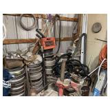 Lot of Shop and Automotive Accessories Including Rims and Adjustable Floor Jack