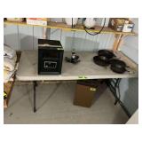 Lot of Cast Iron Skillets, Space Heater, and Small Trash Can