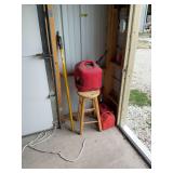 Lot of Two Red Plastic Gasoline Containers with Spout and Wooden Bar Stool