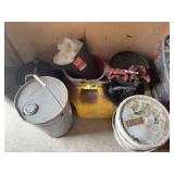 Assorted Shop Containers, Fuel Can, and Buckets Lot