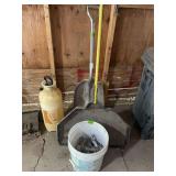 Assorted Farm and Yard Lot Including Shovels, Sprayer, and Bucket of Hardware
