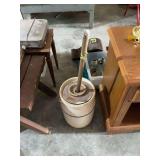 Ceramic Butter Churn with Blue Stripe and Wooden Dasher