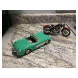Model Toy Set Featuring Green Convertible Car and Red Black Motorcycle