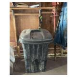 Assorted Shop and Garage Lot with Plastic Trash Can and Hardware