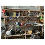 Assorted Shop Tools and Garage Shelving Lot