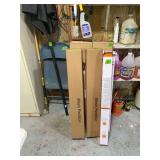 Lot of Household Items Including Mesh Partitions, Faux Wood Blinds, CCE Portable Stereo, Folding Chair, and Patio Umbrella