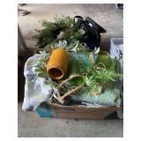 Box Lot of Home Decor, Artificial Florals, and Glass Lanterns