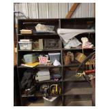 Assorted Shelving Contents Including Hardware Organizers, Storage Bins, Books, and Tools