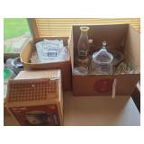 Box Lot of Kitchenware, Linens, Montgomery Ward Crockery Cooker, and Glassware