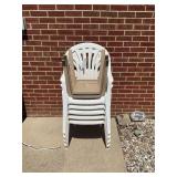 Assorted Plastic Stackable Patio Chairs and Small Stool